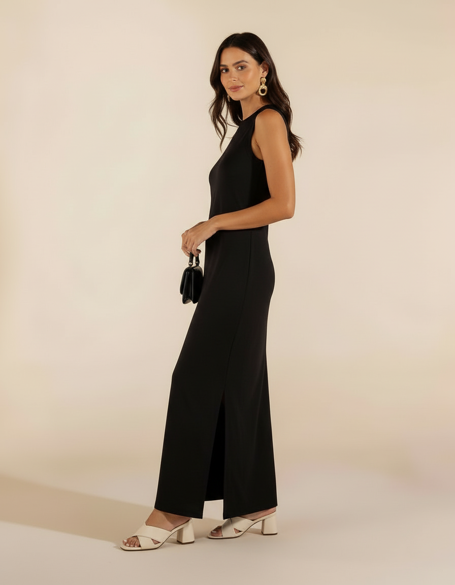 Mulher de lado com vestido longo preto com fenda lateral, bolsa preta e sandália branca de salto