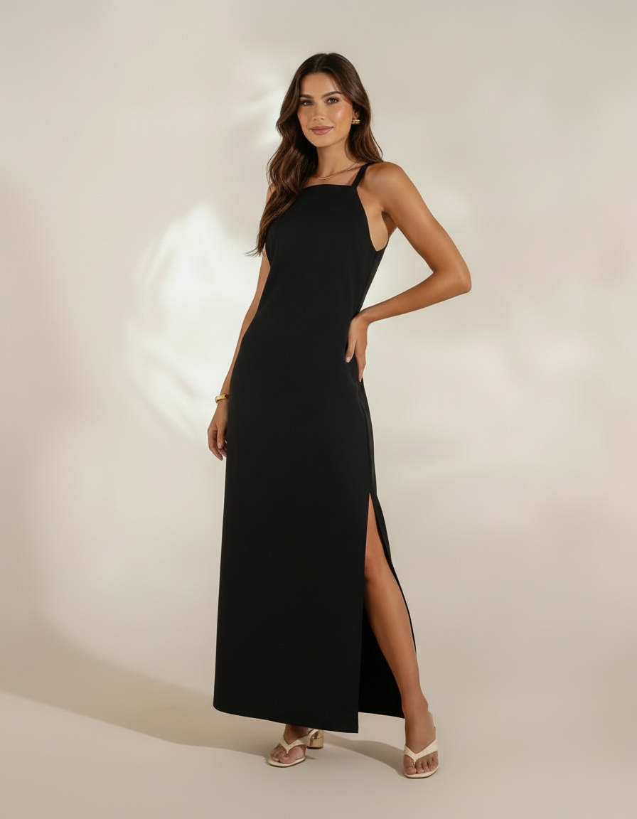 Mulher com vestido longo preto com fenda lateral e sandália bege de salto